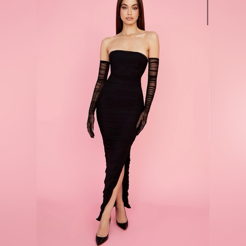 BLACK MESH STRAPLESS MAXI DRESS